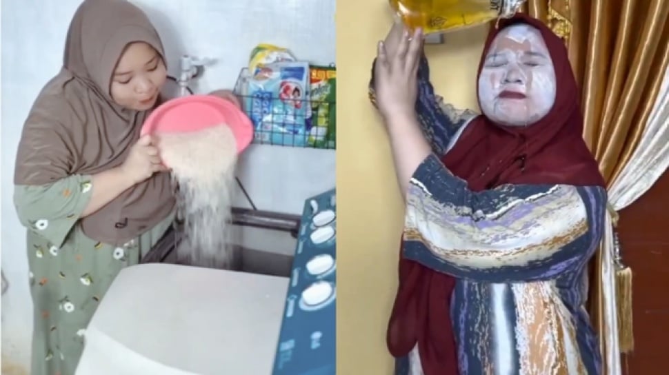 Demi Digaji Meta, Emak-emak Buat Konten Buang Beras dan Minyak!